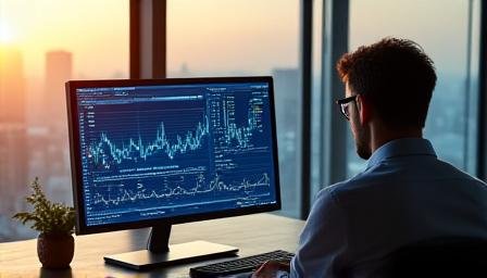 Professional trader using multi-monitor setup with algorithmic charts